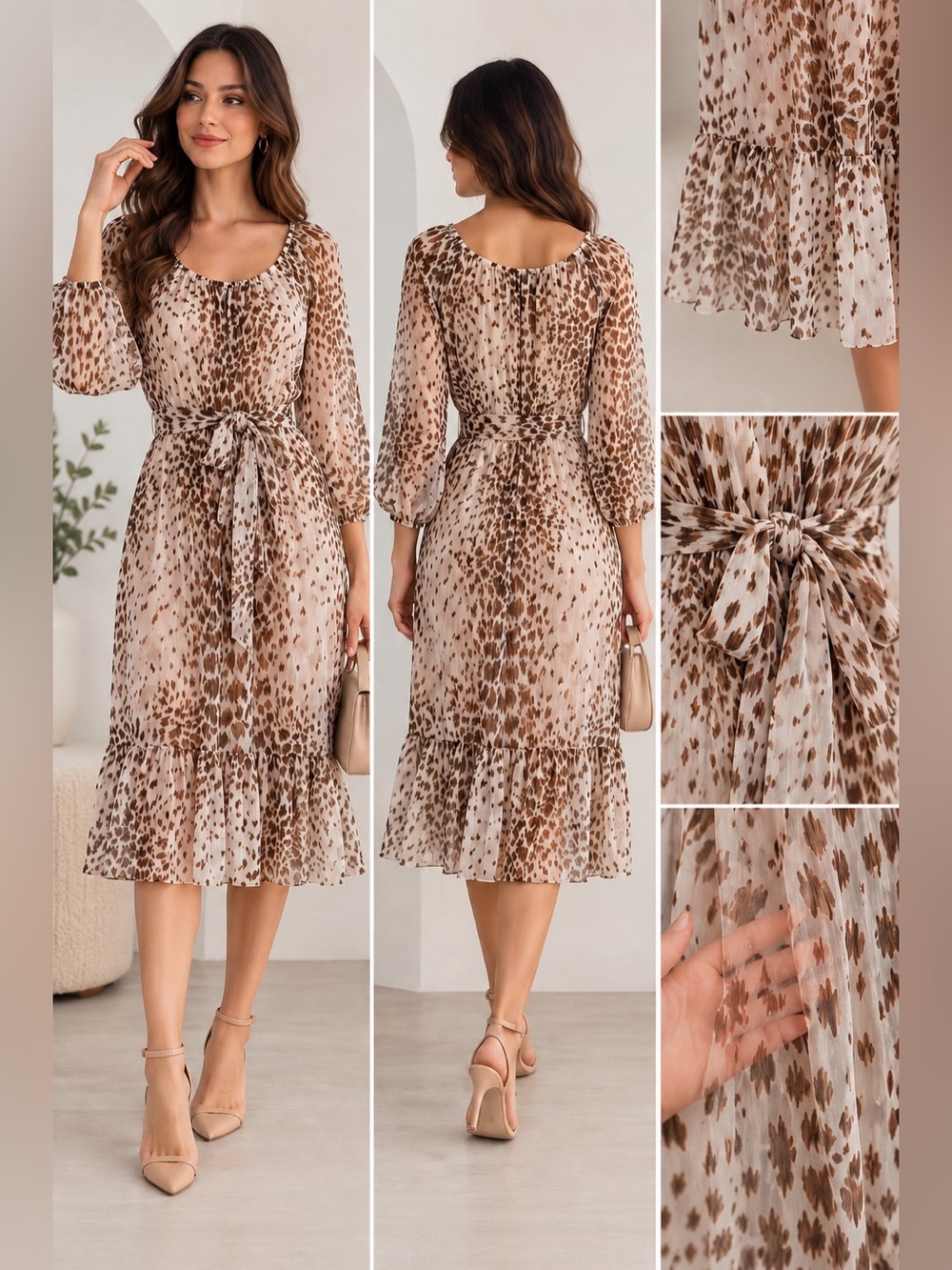 JBS Women’s  Brown Animal Print Sheer Chiffon Midi Dress Belted 18W